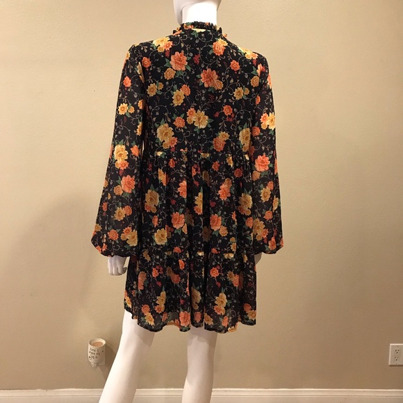 Flying Tomato Babydoll Cottagecore Floral Mini Dress Size Small Black Orange - Picture 7 of 15